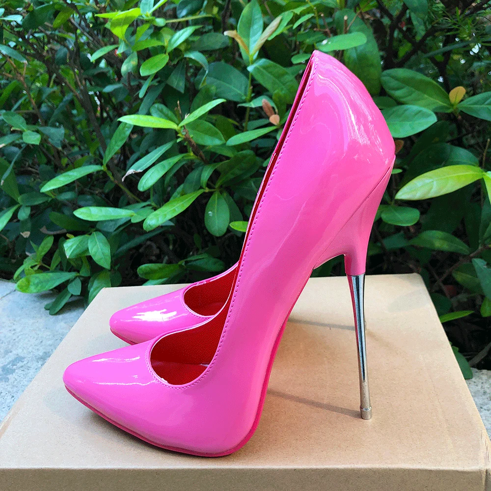 Women Pointy Toe Stilettos Pumps 16cm Extreme Metal High Heels Solid Pink Sexy Fetish Model Unisex SM Man Shoes Customize