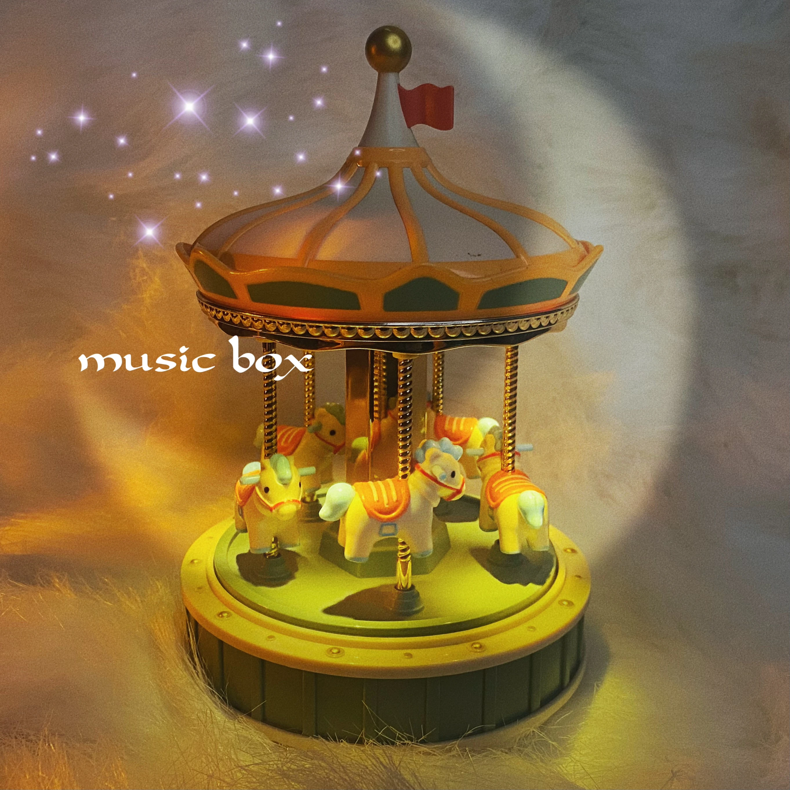 

Luxury Carousel Theme Music Box 5 Horses Rotate LED Light Luminous Rotation Romantic Octavo For Kids Christmas Birthday Gift