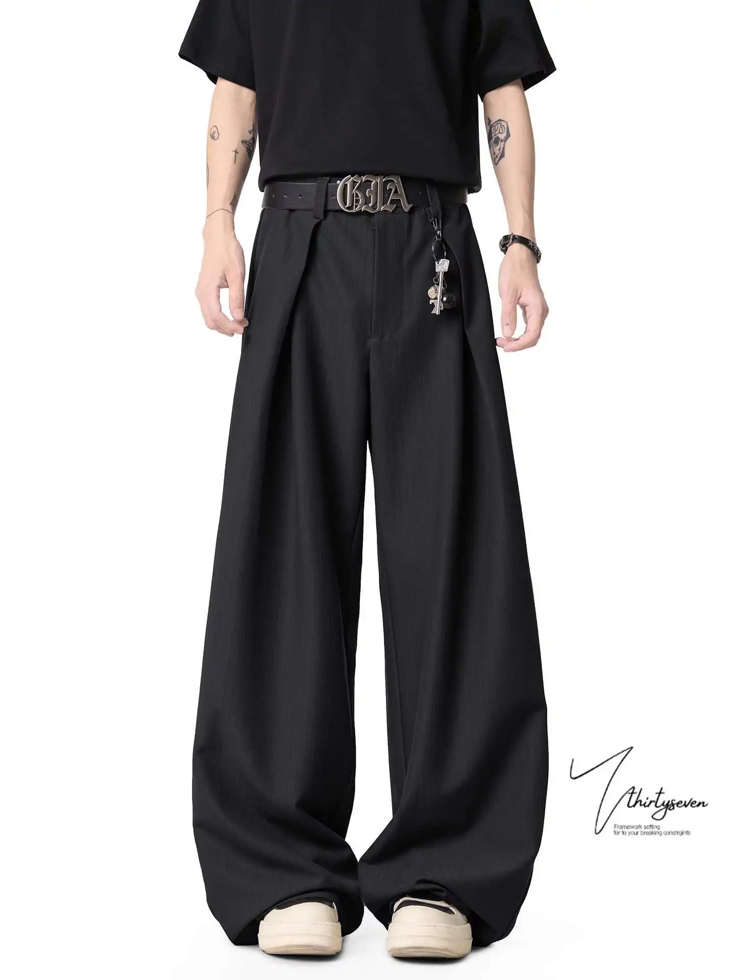 High Waist Wide Leg Pants Man American Style Design Pleated Wide-Leg Trousers For Men Loose Draped Floor-Length Casual Pants