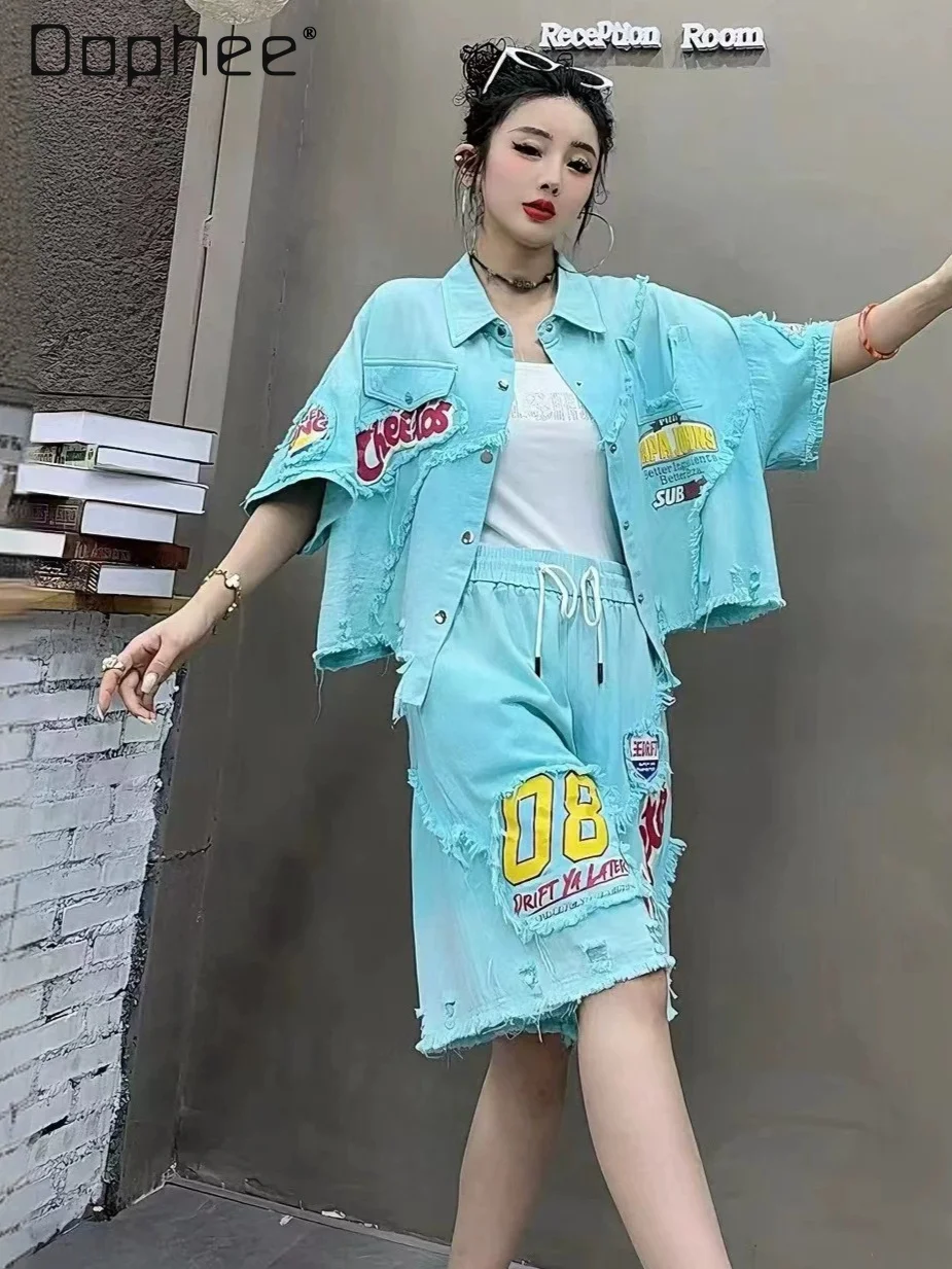 

European Suit Women's 2026 Summer New Printed Patch Holes Gradual Change Color Short-sleeved Top 08 Digital Female Shorts