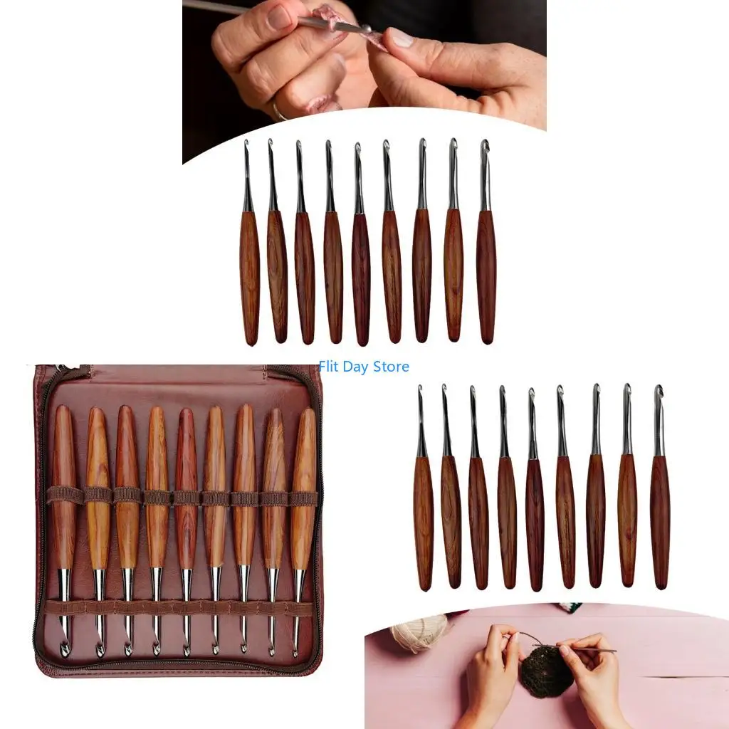 

F92C 9pcs Эргономичный крючок крючком 3,5 мм-8,0 мм деревянная ручка для крючка для крючка для начинающих вязаный шляп для шляпы