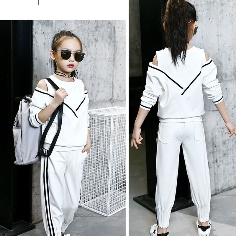 Fashion Big Girls Sports Suits Off Shoulder Black and White Clothing Set for Teenage Autumn Tracksuit Kids Plus Size Sportswear