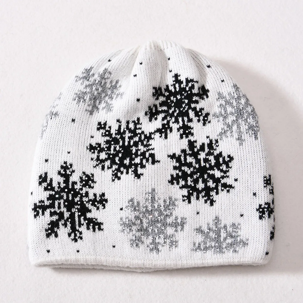 Jxwatcher Woman Winter Hat Double-Layered Warm Wool Knitted Hat Fashionable Snowflake Rhinestone Trim Skull Cap 2026 New Arrival