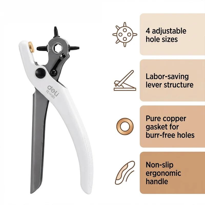 7-Inch Round Hole Punch Pliers 4 Interchangeable Sizes 1.5-3mm Alloy Punch Head for Belts Leather Bags Piercing