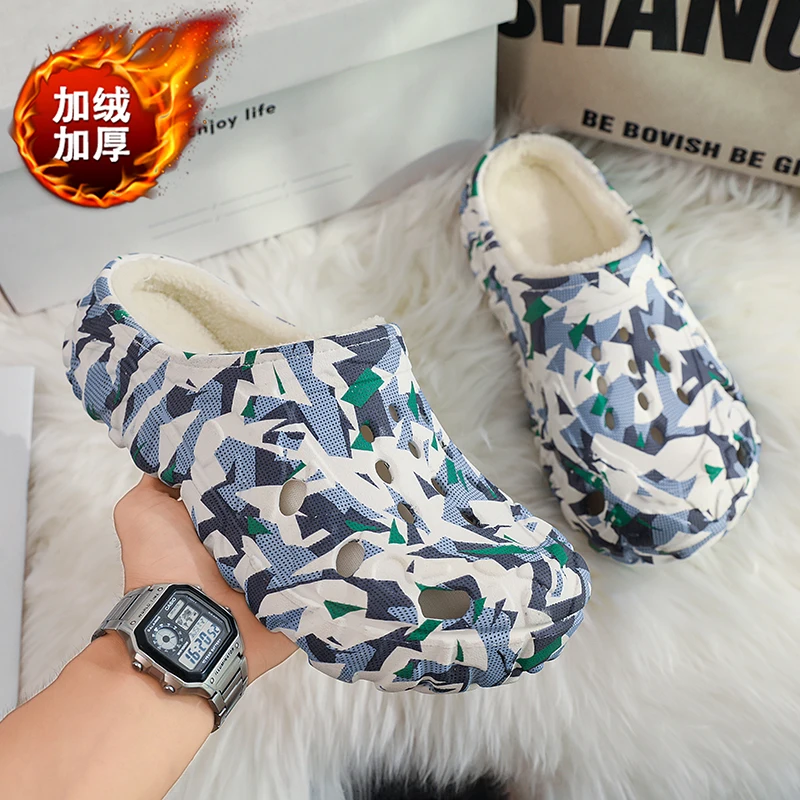 الرجال الشتاء داخلي قباقيب نِعال من الفراء أفخم نصف الأحذية الانزلاق على الصنادل الحديقة الدافئة عارية الذراعين المنزل أحذية قطنية الدفء