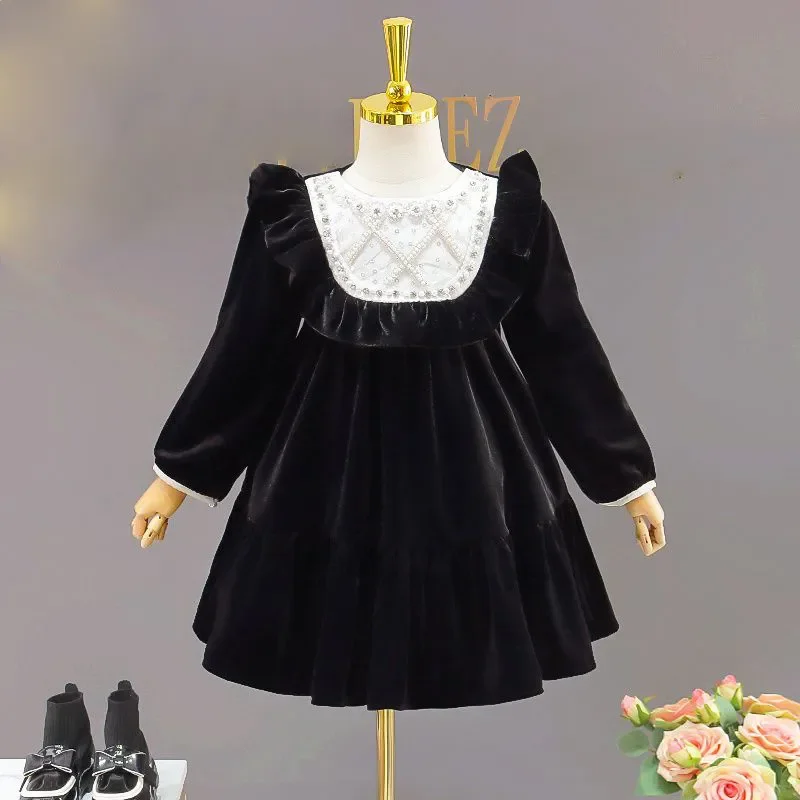 Teen Girl Velvet Dress For 2023 New Autumn Winter Baby Child Princess Girls Dresses Velour Children\'s Clothing Beaded Collar