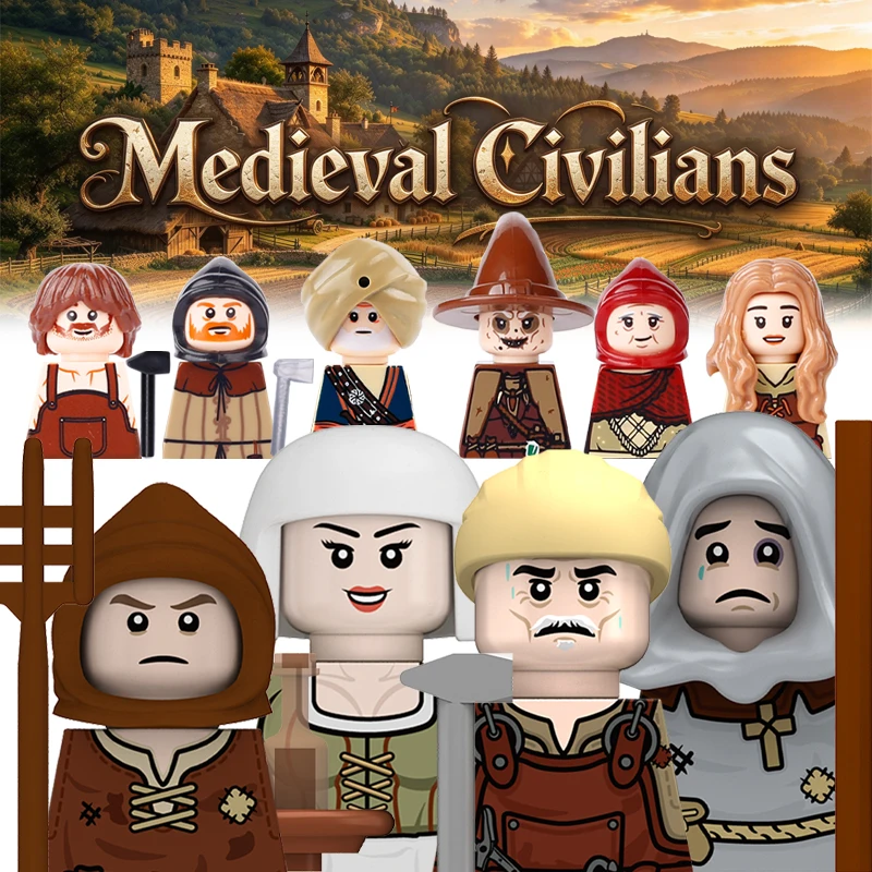 MOC Mittelalterliche Zivilisten Bauern Schmied Bausteine Soldatenfigur Hexe Hirte Helm Hammer Zubehör Bausteine Spielzeug Geschenk