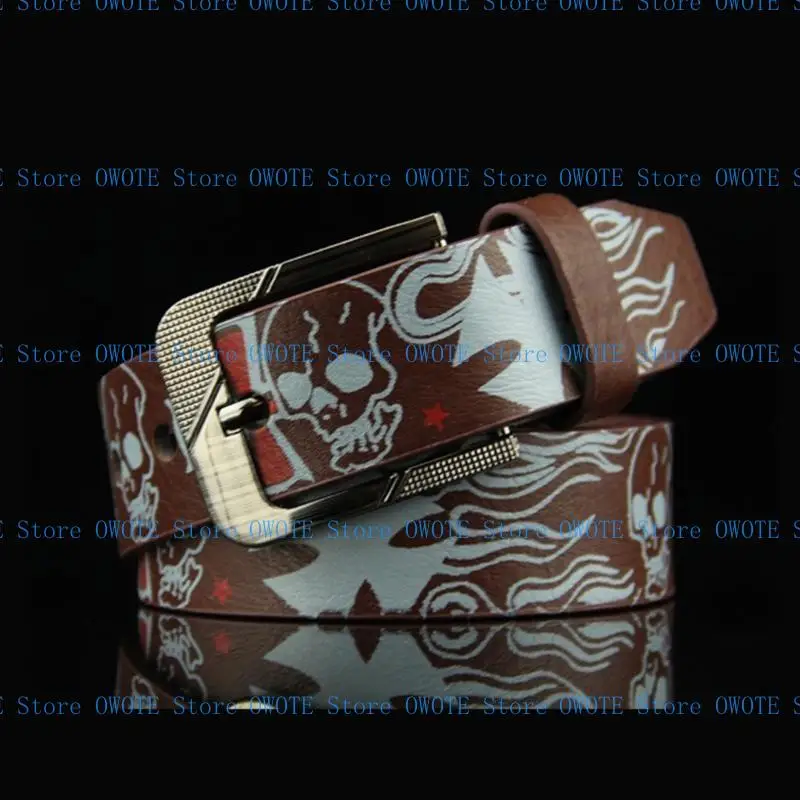 

652F Pin Buckle Belt for Men Women Popular Skull Printing Waist Belt Hiphop Belts for Teenager Boys Girls Unisex Cowboy Belt