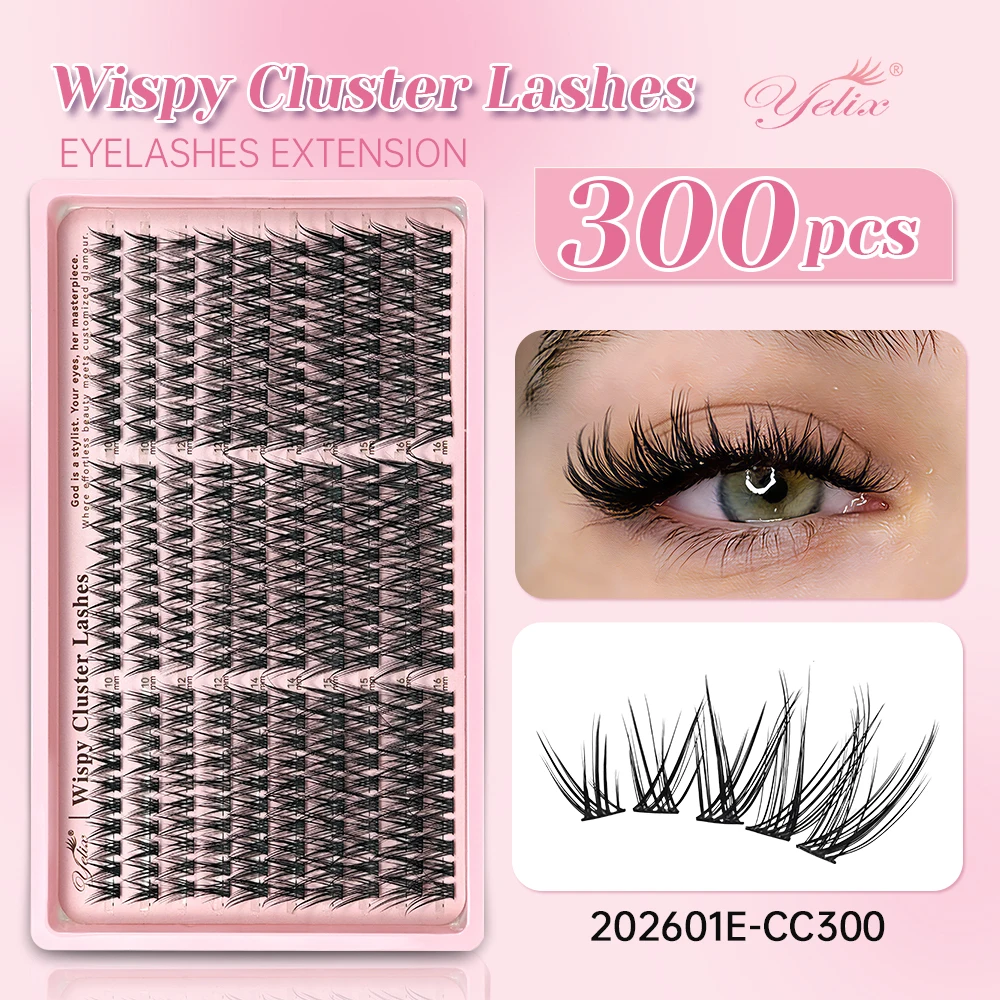 Yelix Wispy Cluster Lashes 300PCS Mixed Lengths Natural 3D Fishtail Flutter Eyelash Extensions Soft Slim Band DIY False Lashes