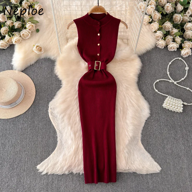 Neploe Stand Collar Single Breasted Dress for Women 2024 Summer New Vest Dresses Y2k Mid-length Bodycon Vestido Feminino