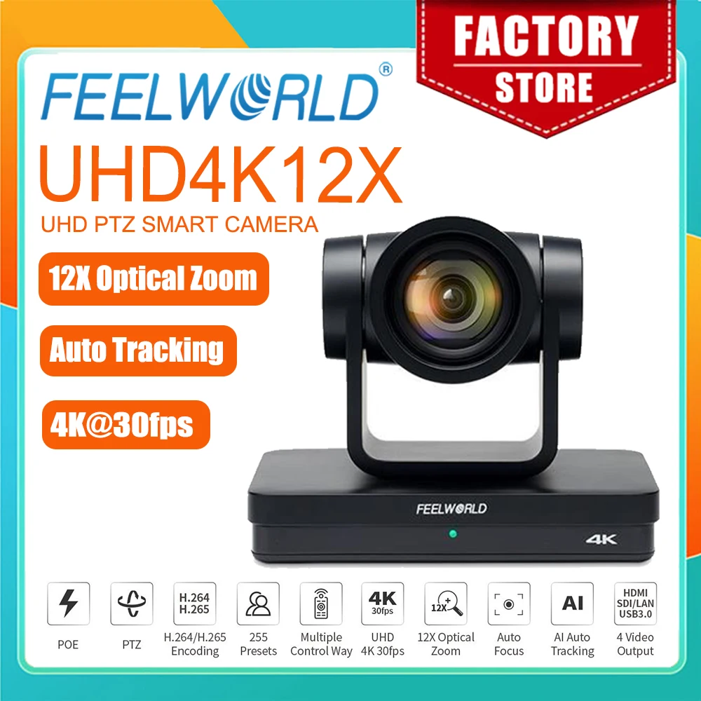 

FEELWORLD UHD4K12X 4K Pan tilt camera USB POE 12X optical zoom, autofocus SDI HDMI IP 4K 30FPS for video conferencing