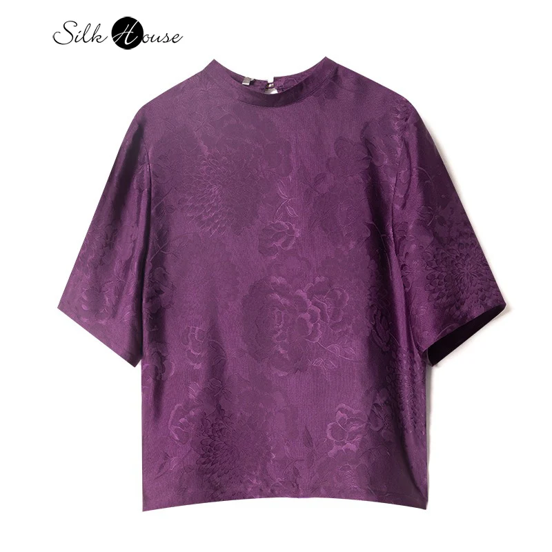 

Purple Peony Jacquard 2025 Summer Fashion New Comfortable Simple Versatile 100% Natural Mulberry Silk Women's Mid Sleeve T-shirt