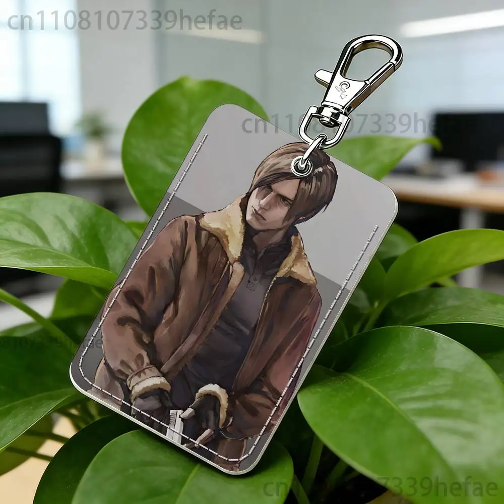 L-Leon Scott Kennedy Rectangle Card Case Keychain Access Card Bag Key Tag Ring Leather Card Holder Key Ring Access