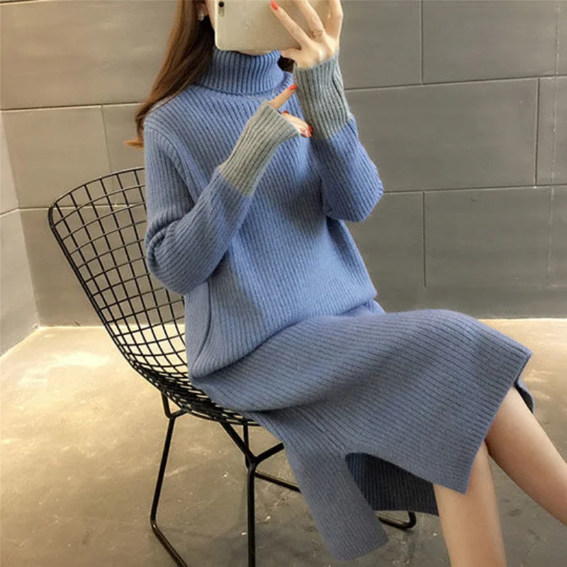 Midi Female Dress Split 2024 Cover Up Knitted Womens Dresses Clothing Crochet Knee Length Offer Elegant Hot Outfits Turtleneck