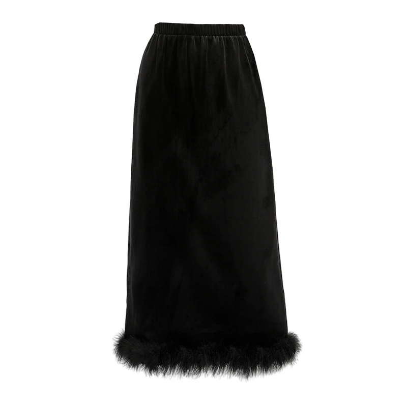 Real Photo Velvet Half length Skirt Women's Splice Hairy Autumn/Winter 2024 New Long Straight Leg Split Slimming Hip Skirts