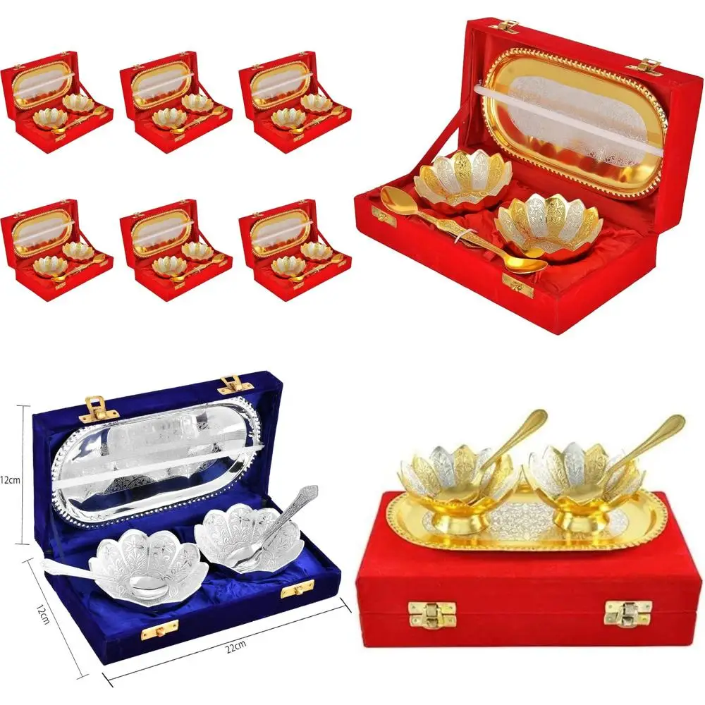 

Gold and Silver Plated Bowl, Spoon, and Tray Set for Dry Fruits, Dessert Serving, Diwali Gifts, Suitable for Friends, Family, Ho