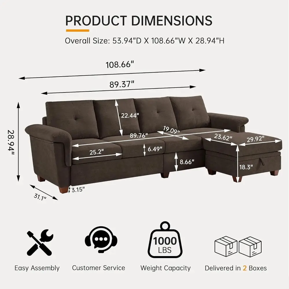 Convertible Sectional Soa with Storage, 4 Seat L Shaped Couch with Chaise and Cup Holder, ern Microiber abric Soas Couches or Li