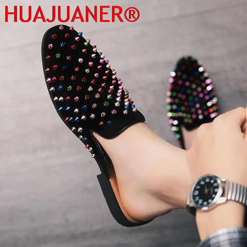 Fashion Spiked Rivets Loafers Mens Casual Shoes Punk Slippers Party Dress Shoes Flat Slip On Half Shoes For Men Big Size 38-47