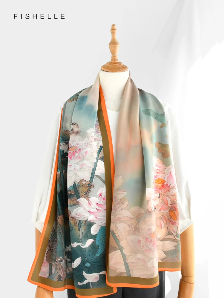 Flower and Bird 100% natural silk crepe de chine long scarf bandana hijab shawl luxury gift head scarves women wrap neckerchief