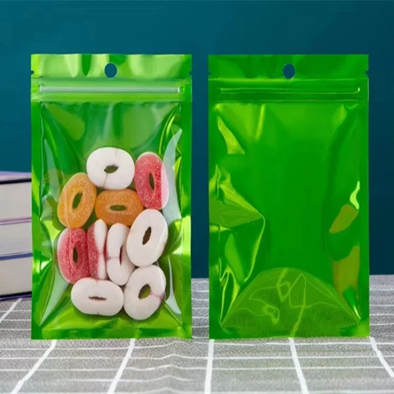 

100PCS Glossy Green Plastic Clear Storage Bag DIY Flat Resealable Candy Sugar Snack Tea Coffee Jewelry Spice Packaging Pouches
