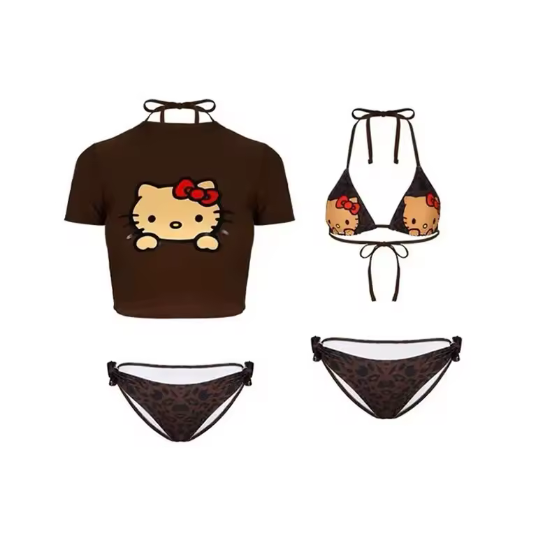 Sanrio Hello Kitty Women's 3 Piece Swimsuit Halter String Bikini Tie Side Mesh Short Sleeve Bathing Suits - AliExpress 