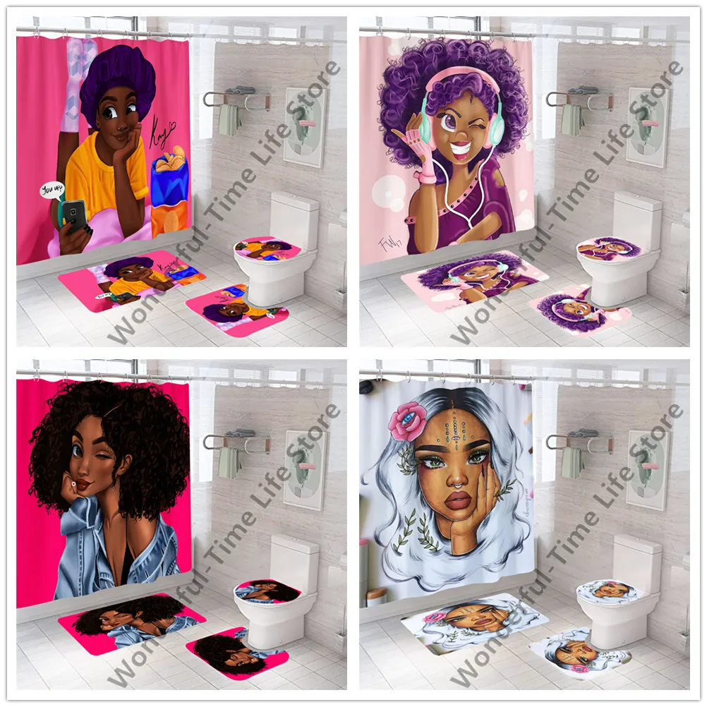 African American Black Women Print Shower Curtain Set Waterproof Bathroom Curtains Soft Anti-slip Bath Rugs Toilet Cover Carpets