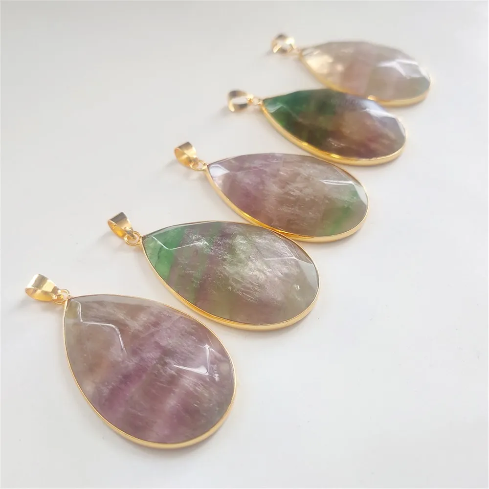 FUWO Wholesale Natural Fluorite Pendants,Golden Plated Bezel Rainbow Crystal Water Drop Accessories For Jewelry Make 5Pcs PD188