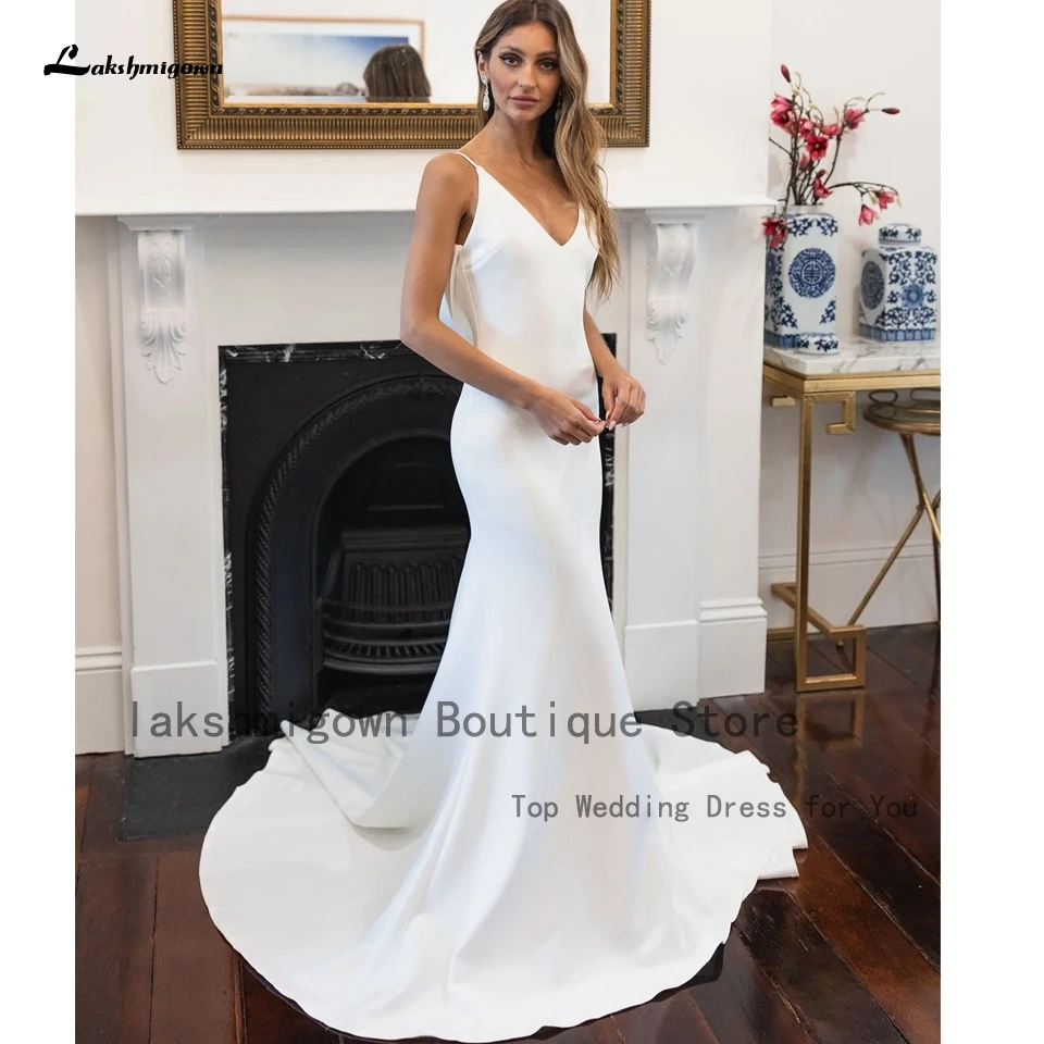 

Lakshmigown Simple White Mermaid Wedding Dress Spaghetti Straps 2023 Robes Crepe Satin Bridal Beach Wedding Gowns Backless