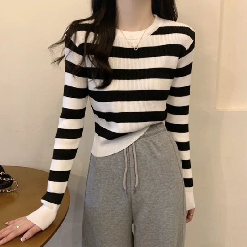 Primavera otoño ajustado Top de manga larga Camiseta de punto a rayas camisa básica Otoño Invierno suéter de mujer de moda