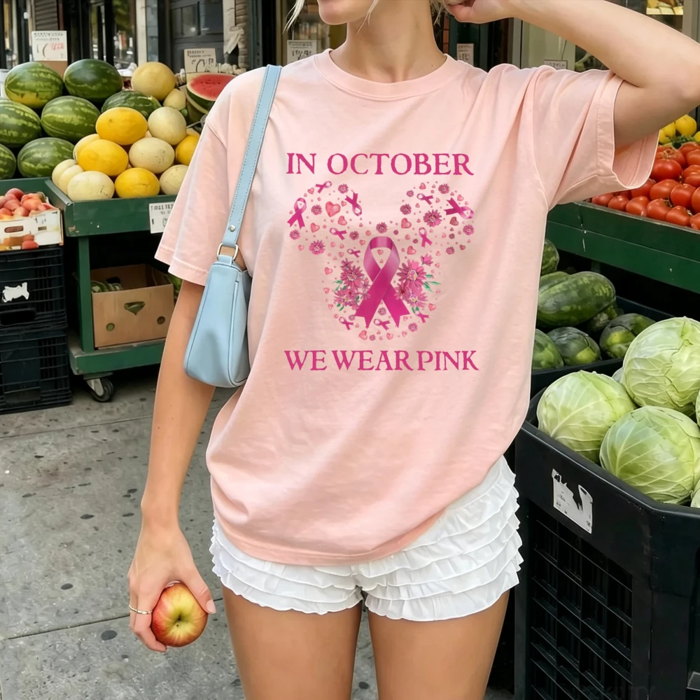 Women in October We Wear Pink Floral Pink Ribbon Breast Cancer Awareness Casual Cotton Ladies Support Warrior Graphic Tee Shirt