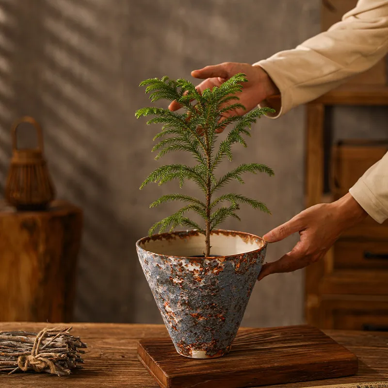 YFY Jingdezhen ceramic flower pot, bamboo hat, large  coarse pottery, wabi sandy wind  flower utensils,  maple triangle plum pot