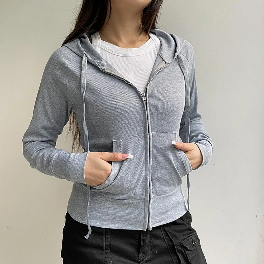 

Women Hoodie Drawstring Jacket Stylish Hooded Sport Jacket with Drawstring Pockets for Women Slim Fit Wear Coat with Elastic