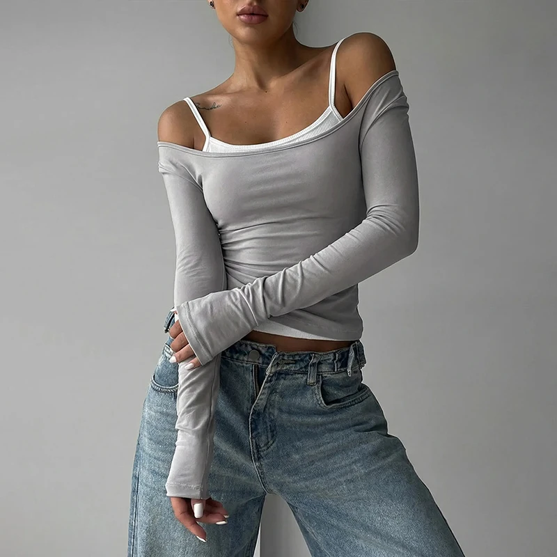 

Tornova Contrast Long Sleeve T shirt 2 Pieces Hot Girl Fashion Slim Pullover Top Club Party Casual Clothes Y2K Summer Women's