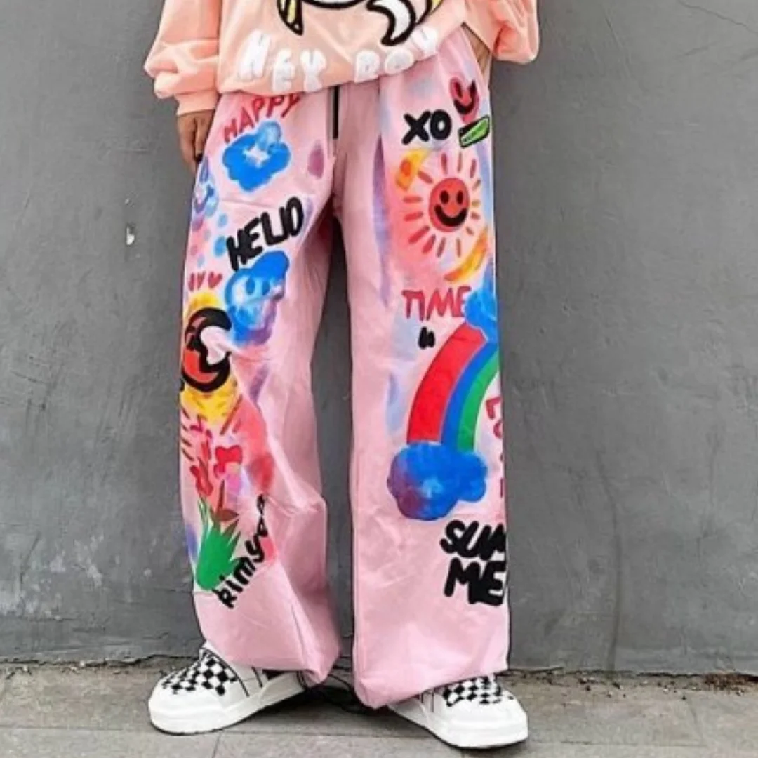 Graffiti dos desenhos animados impressão outono hip-hop rua solta calças de perna reta impresso calças de perna larga adequado para homem e mulher