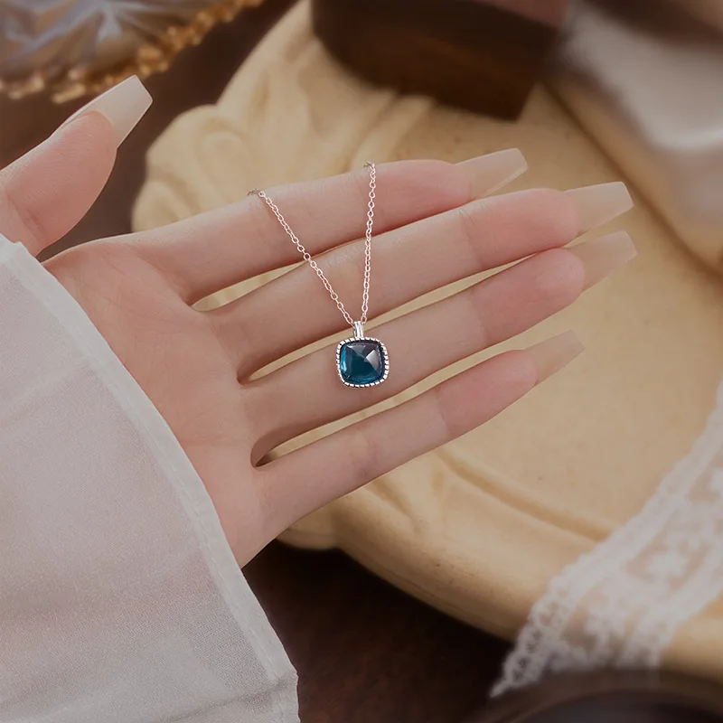 Chinese Style Lucky S925 Sterling Silver Square Sugar London Blue Topaz Citrine Necklace Women Retro Clavicle Chain Blessing For