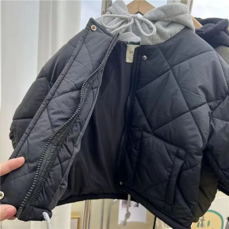 Children Cotton-padded Coat 2024 Autumn Winter New Fashionable Boys and Girls Solid Color Baby Short Pocket Warm Jacket