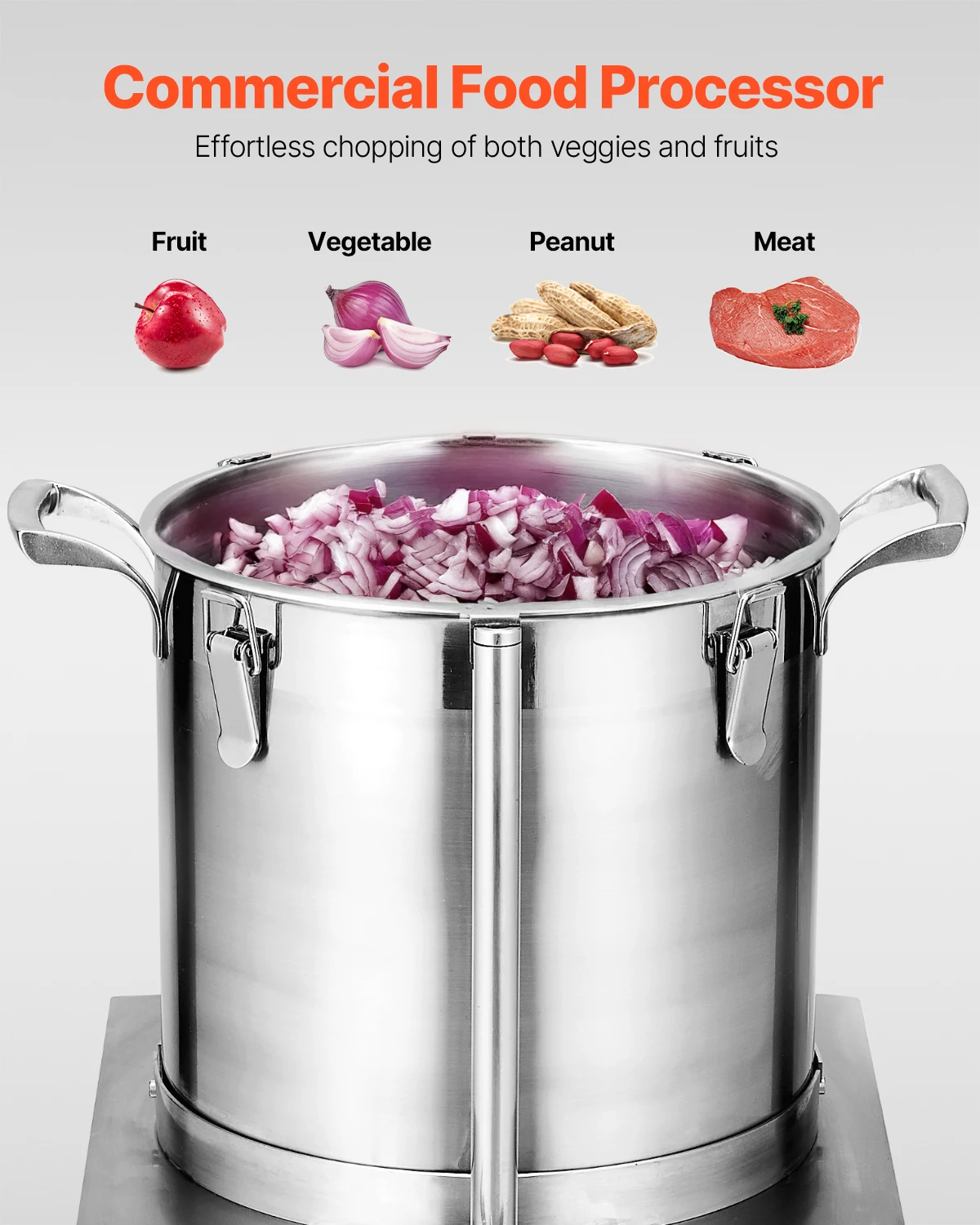 VEVOR Procesador de Alimentos y Picadora de Verduras, Acero Inoxidable de Grado Alimenticio 15 L con 2 Cuchillas Curvas S Adicionales, para Picar Verduras, Frutas, Granos y Nueces, 400 x 405 x 610 mm