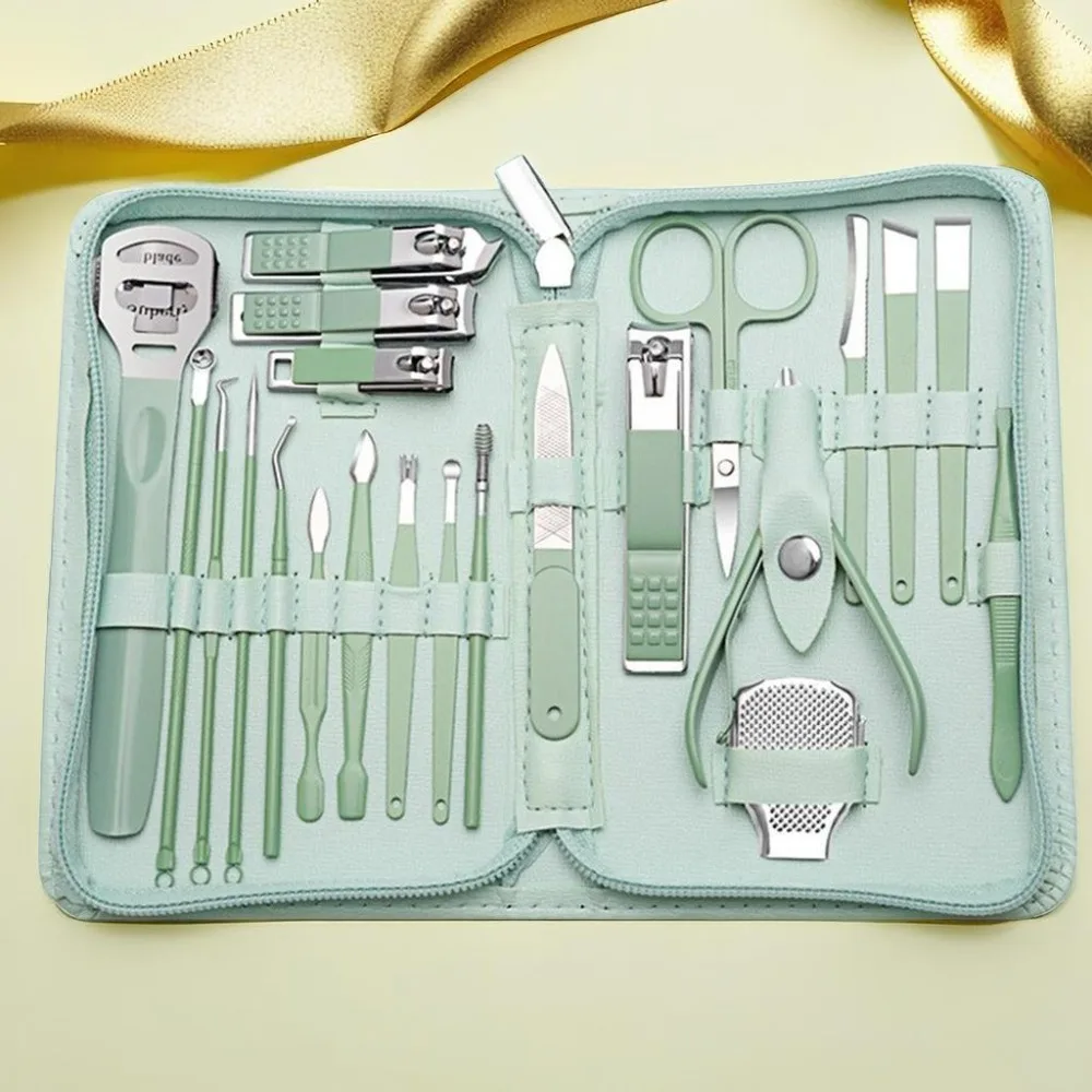 ステンレス鋼の爪切りキット 収納ケース付き グリーンの爪切りスーツ 耐久性のあるプロのネイルケアツール ネイルサロン
