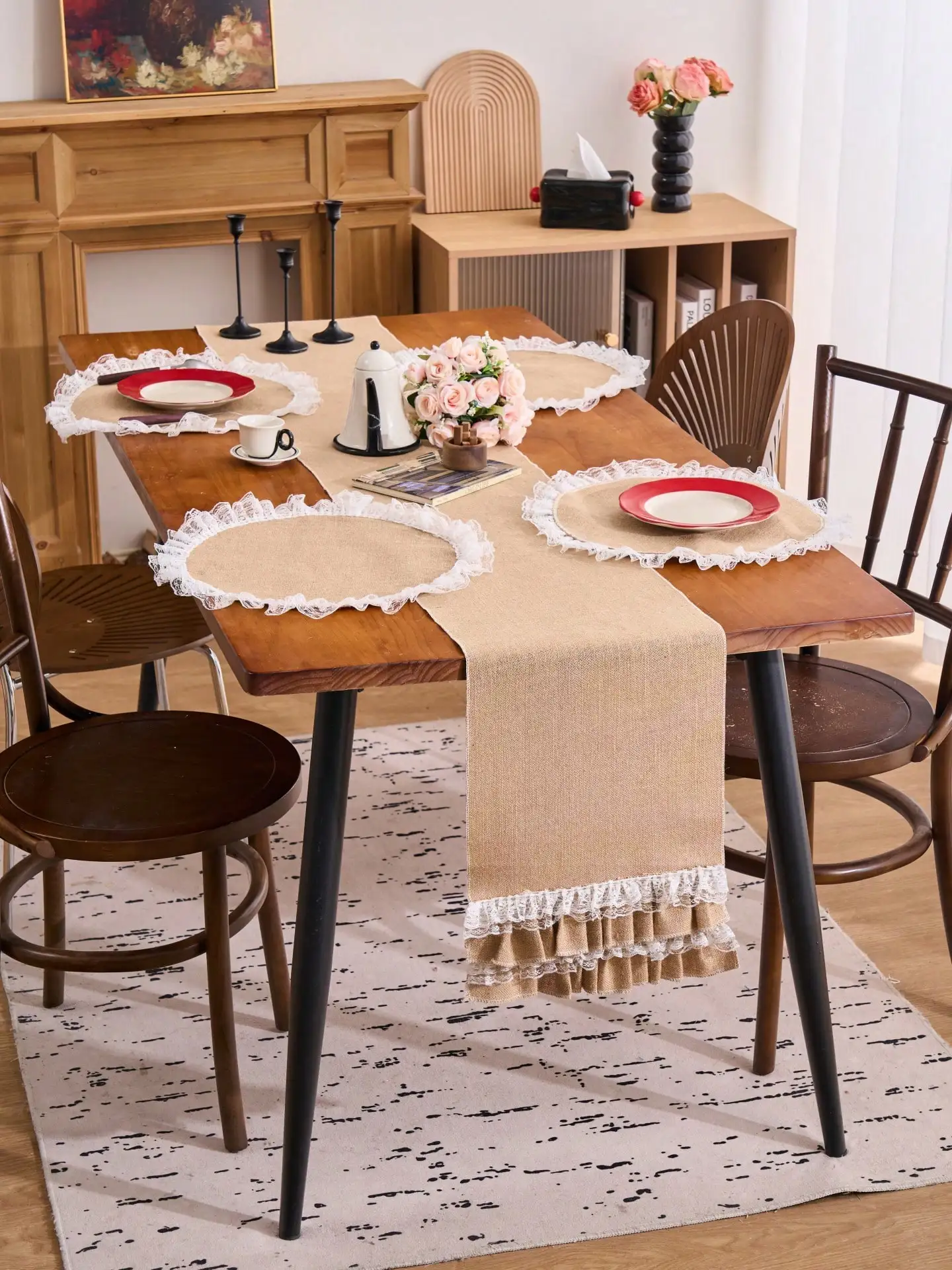 1/4/5/6pcs Bohemian Style Burlap Ruffle Edged Table Runner, Natural Burlap With Tassel Lace Trim Round Placemats
