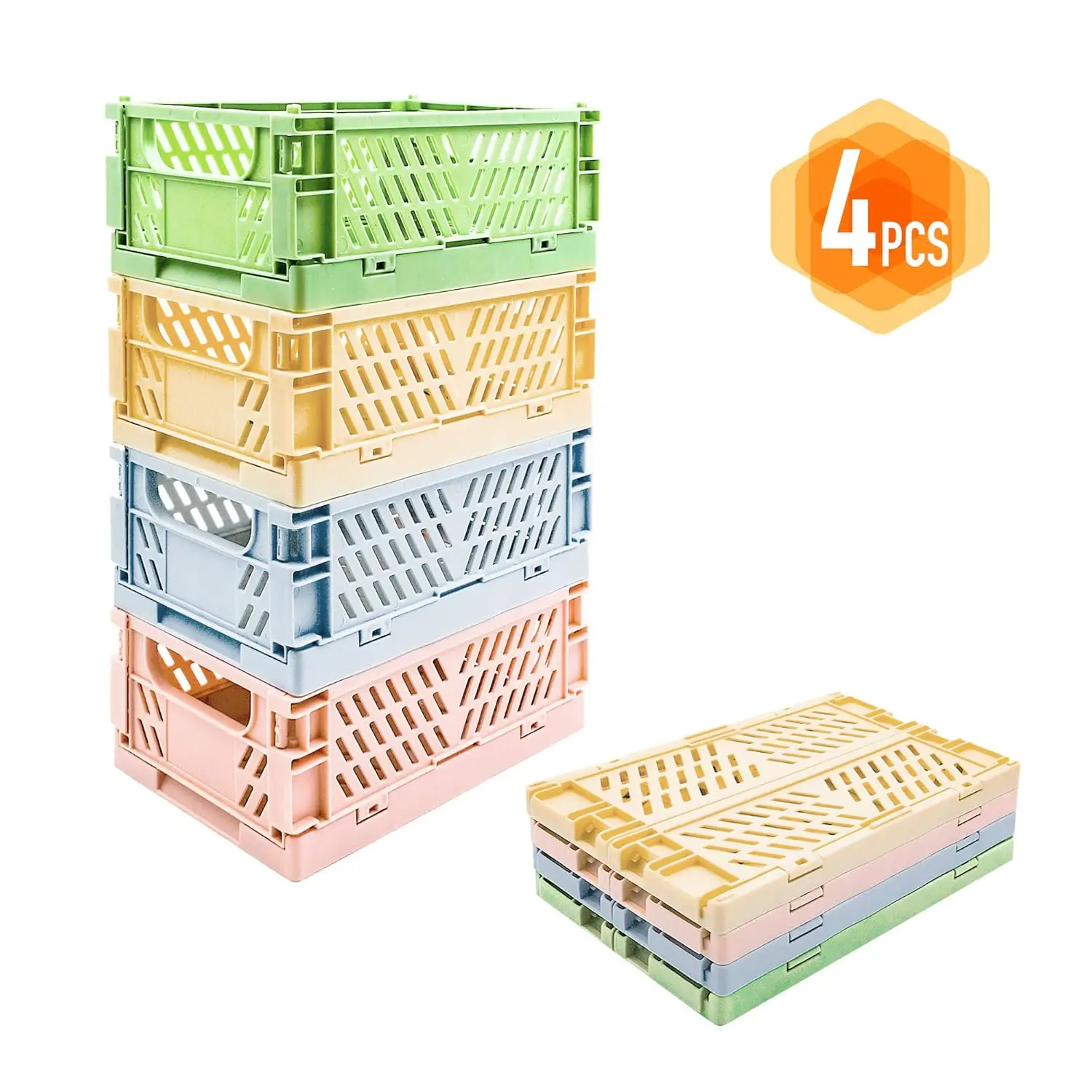 4-Pack Mini Baskets Plastic for Shelf  Kitchen  Bin Organizer, Stacking Folding  Baskets for Classroom Bedroom Bathroom Office (