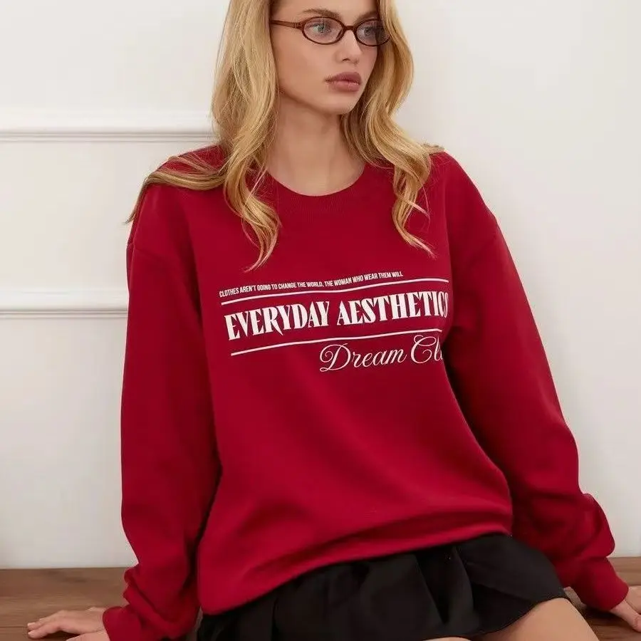 America Retro Letter Badge Print Street Fashion Style Wine Red O-Neck Sweatshirts Hoodies Loose Large Size Autumn Winter Top