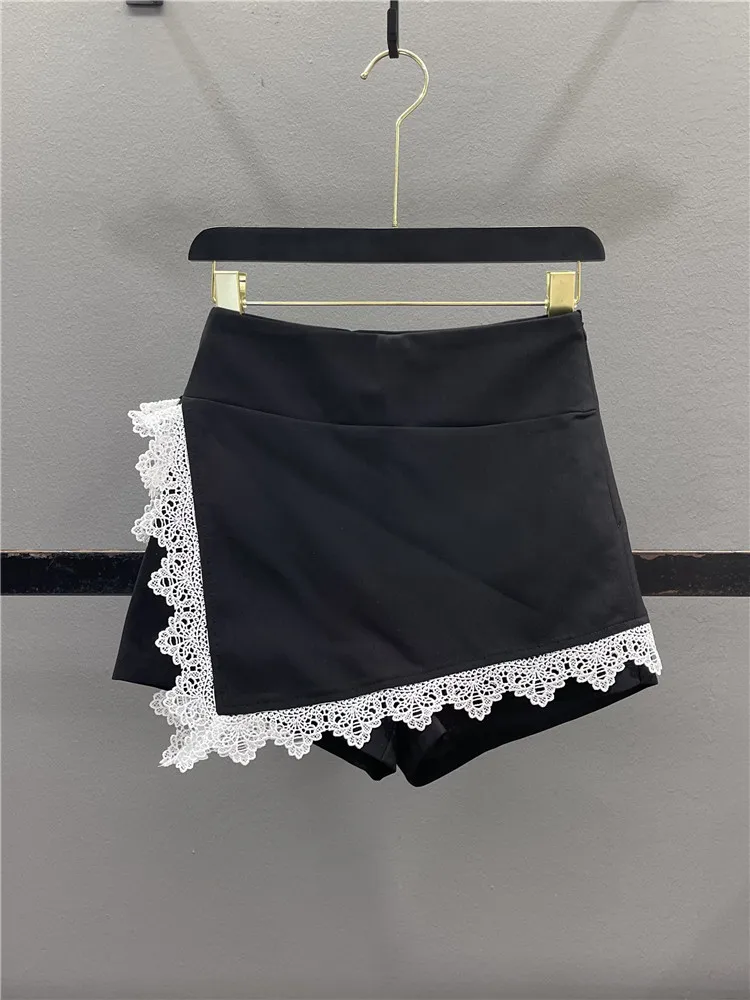 High Waist A-Line  Skirt with Lace Trim Suit Women's Anti-Aging Slimming Wide Leg Short Pants Skirt Casual Style