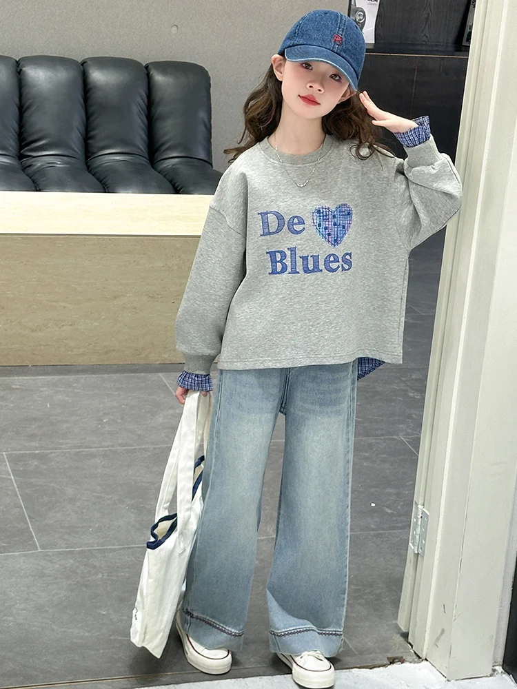 여아 캐주얼 패셔너블 라운드넥 스웨트셔츠와 스트레이트 레그 진 투피스 세트 가을 신상 2025 신축성 긴팔