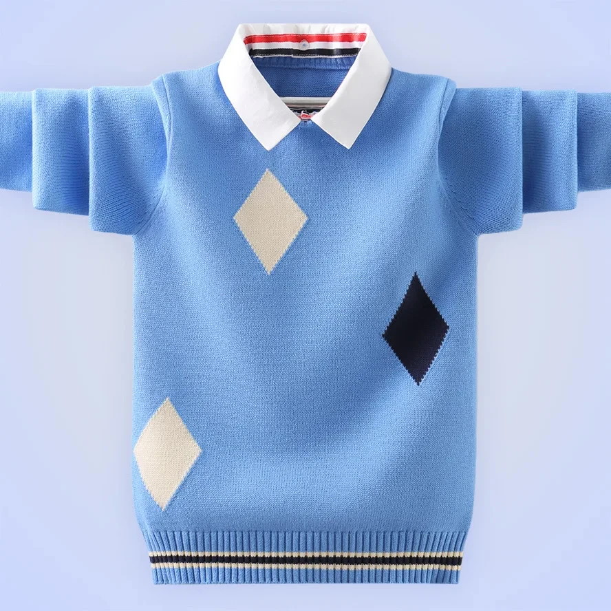 New Spring Children's Sweater For Boys England Style School Uniform Kids Polo Collar Pullovers Teen Knitwear Autumn Winter Wear