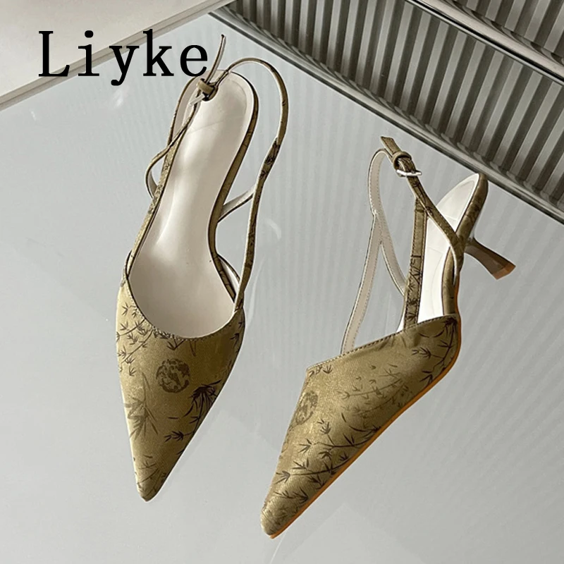 

Hlieny Elegant Pointed Toe Slingback Ladies Shoes Designer Low Thin Heels Mules Sandals Fashion Back Buckle Strap Women Pumps