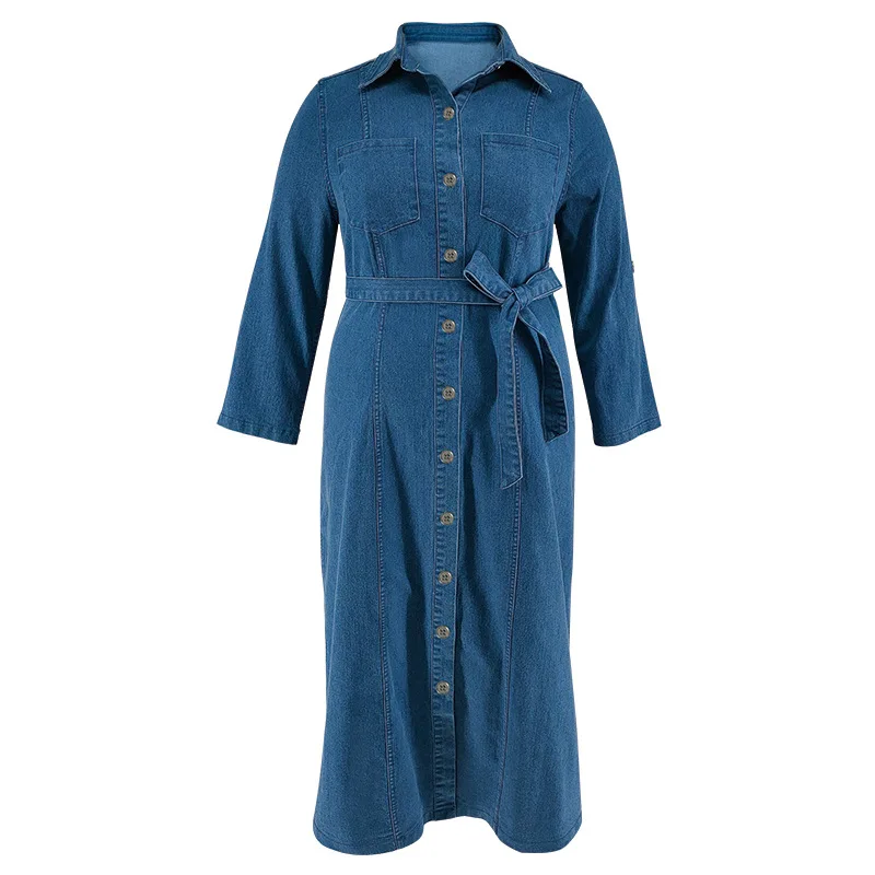 Plus Size Button Elegant Denim Dress Female Solid Jean Vestido Office Lady Robe 2024 Autumn Women Luxury Pretty Fashion Dress