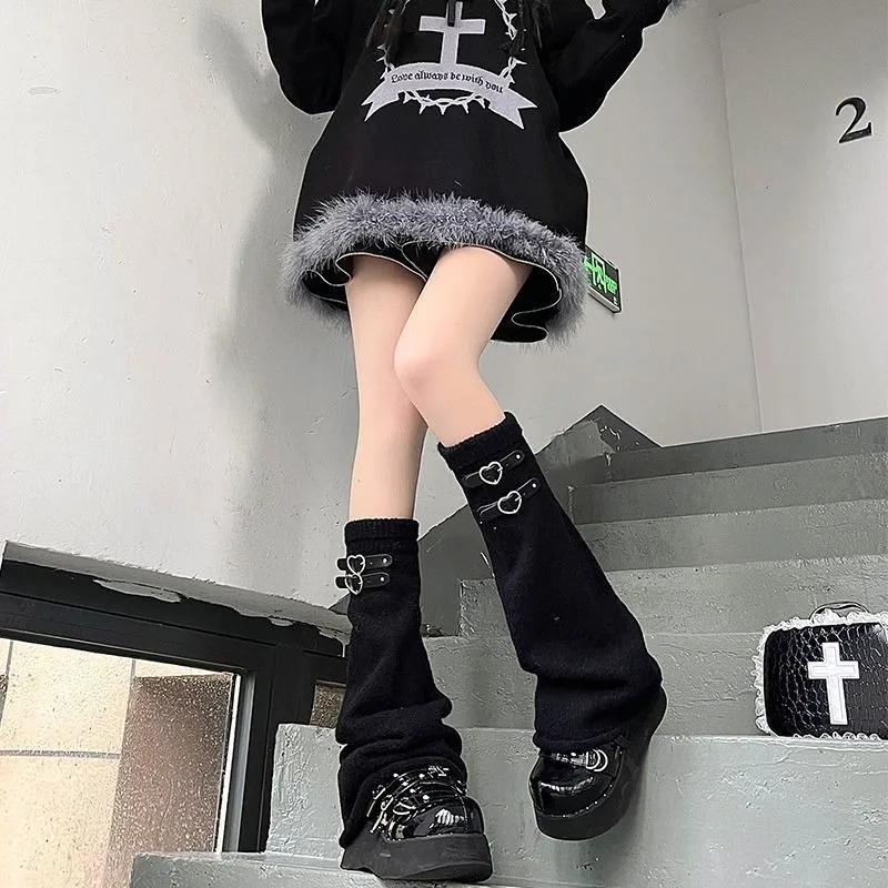 Women Spice Girl Harajuku Punk Gothic Lolita Y2K Girl Bling Bling Star Leg Warmer Winter Warmer Buckles Punk Lace Up Leg Warmers