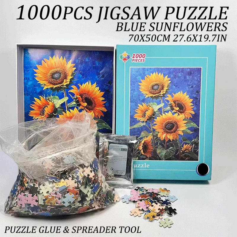 1 box of 1000 adult puzzles, blue sunflowers, with puzzle glue and scraper tool 70x50cm 27.6x19.7 inches, mixed color puzzles