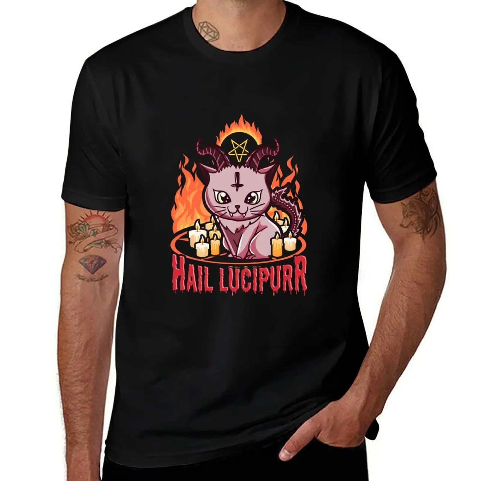 

Милая и забавная футболка с сатанинским халатом Lucipurr Rainbow Goth Kitten, футболки для мужчин, хлопковая футболка, мужская роскошная футболка