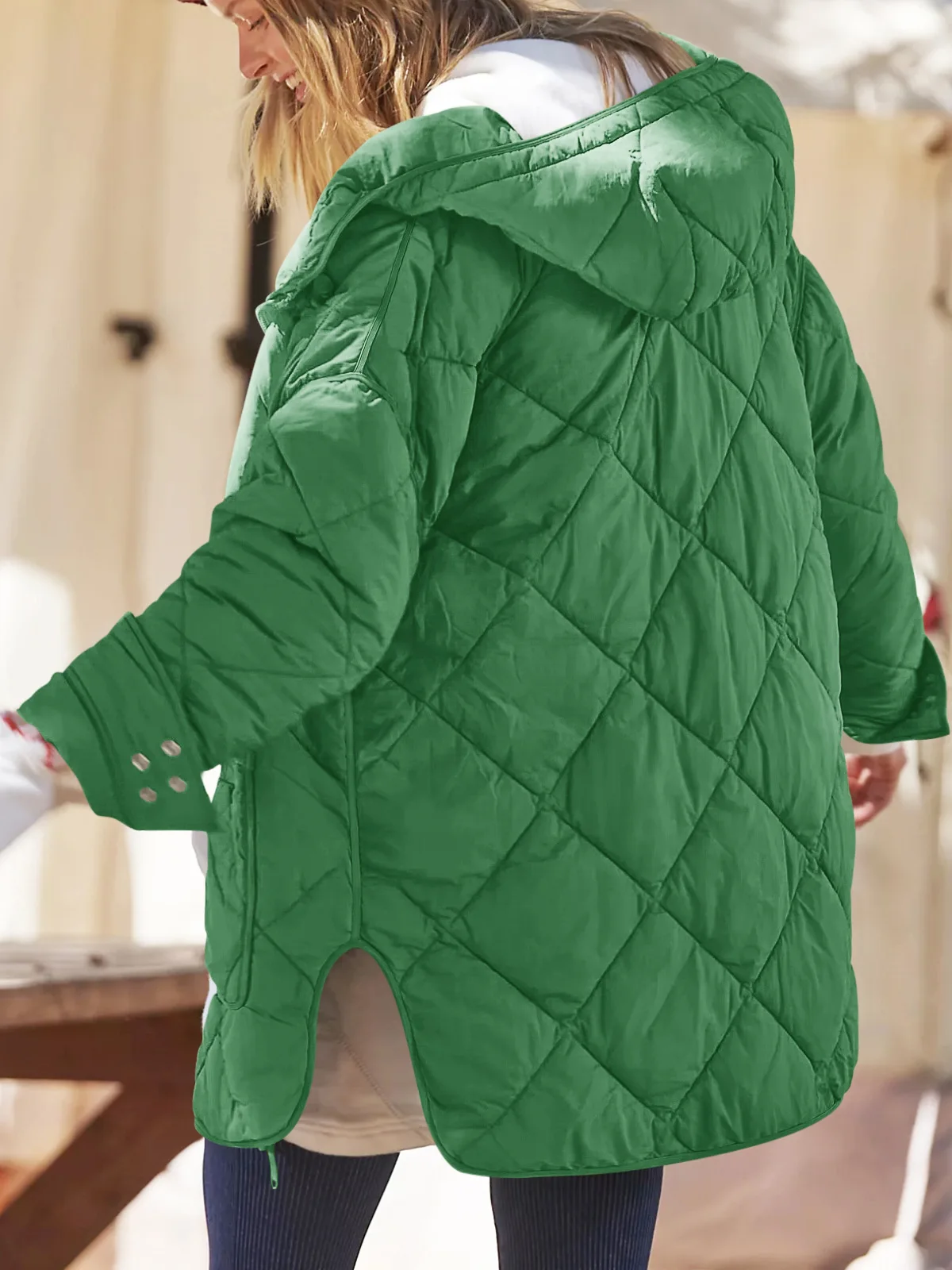 Solid Color Fashion Diamond Grid Large Pocket Slit Cotton Coat Loose Hooded Long Sleeved Zipper Warm Jacket